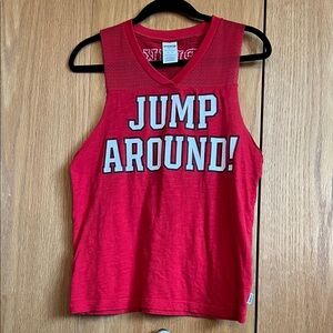 PINK Victoria's Secret Red Graphic Mesh Tank Wisconsin badgers jump around